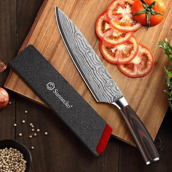 Sunnecko 20cm Kochmesser Deutschem Edelstahl Küchenmesser mit Pakkaholz Griff Allzweckmesser Küche S