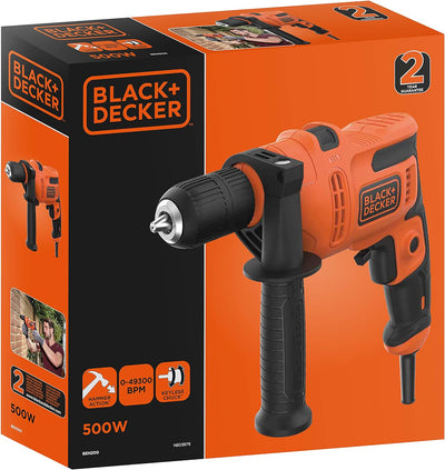 Black+Decker 1-Gang Schlagbohrmaschine (500W, mit 2-tlg. Schnellspannbohrfutter, Rechts-/Linkslauf,