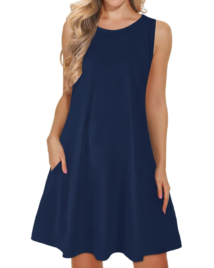 WNEEDU lässiges Sommerkleid Damen Ärmellose Tank Strandkleider T-Shirt Kleid mit Taschen Marine M, M