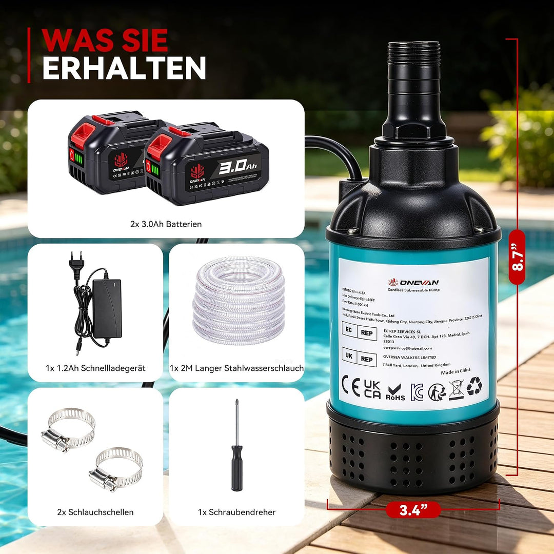ONEVAN Akku Tauchpumpe mit 2x 3.0Ah Akku &amp; 2M Schlauch, 4164L/H Wasserpumpe