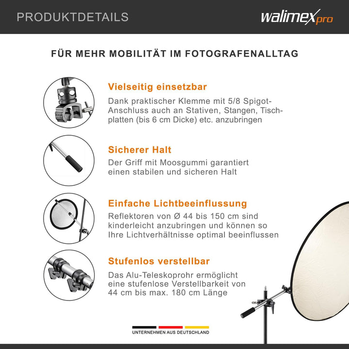 Walimex pro Reflektorhalter mit Klemme 44-150 cm (inkl. Transporttasche), Halter mit Klemme