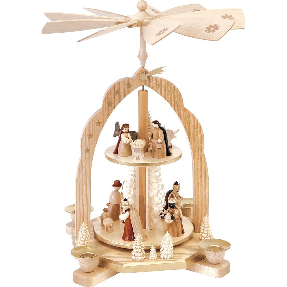 Richard Glässer Seiffen Weihnachtspyramide Christi Geburt, 2-stöckig, 31 cm hoch, natur, original Er