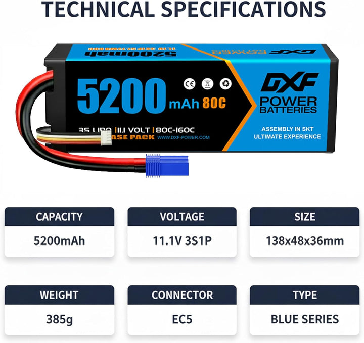 DXF 3S LiPo Akku 11.1V 80C 5200mAh Hardcase Batterie mit EC5 Steck für RC Auto, RC Flugzeug, RC Hubs