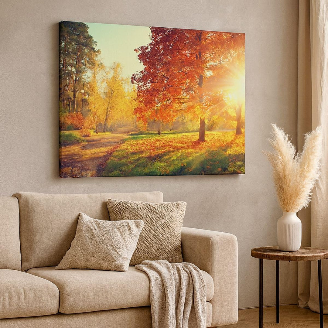 Bilder auf Leinwand Park Herbst Baum Leinwandbild mit Rahmen 70x50cm Wandbilder Dekoration Wohnzimme
