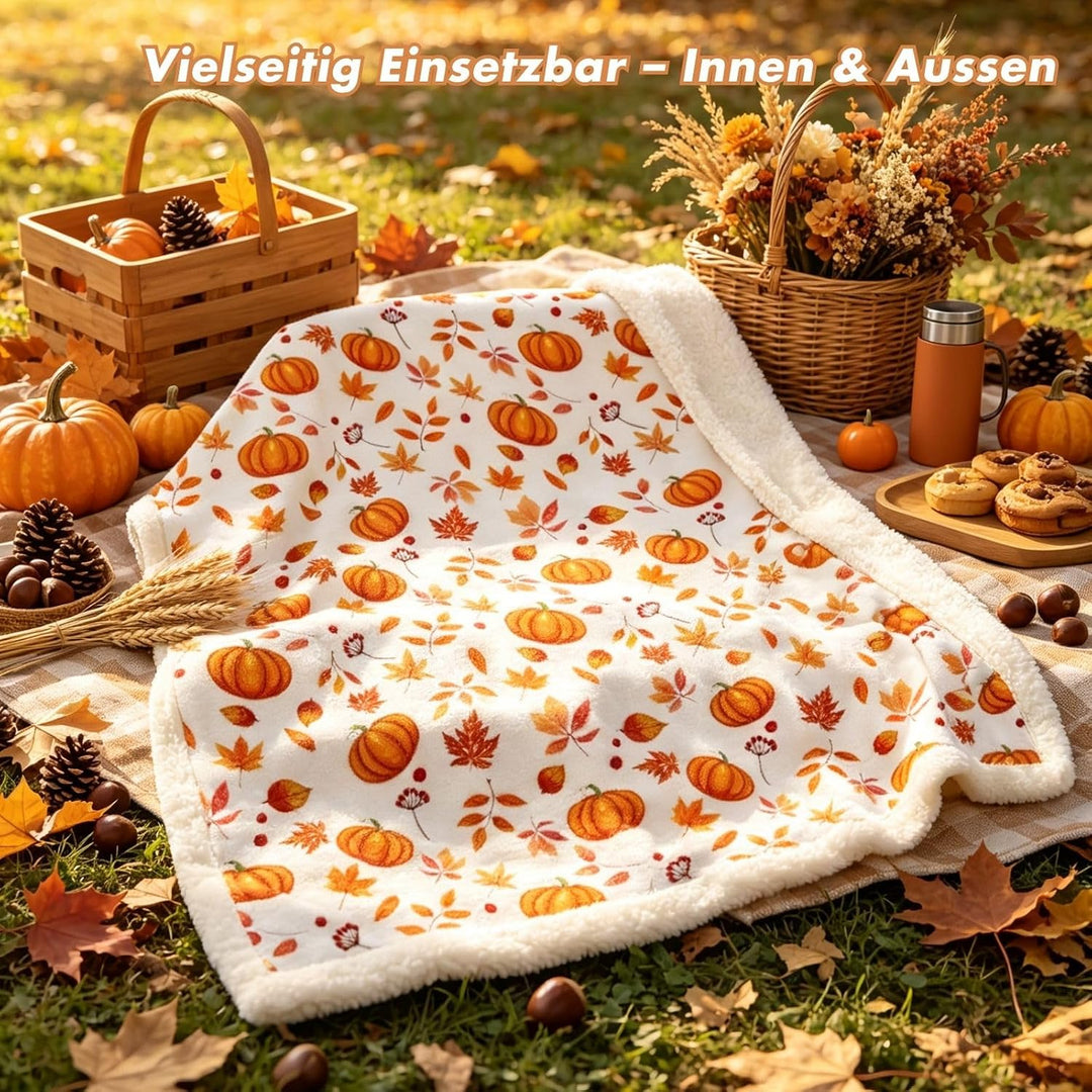 Halloween Kürbis Decke - Frohes Herbst Sherpa Fleece 130 x 150 cm - Süsse Herbstblumen Ahornblätter