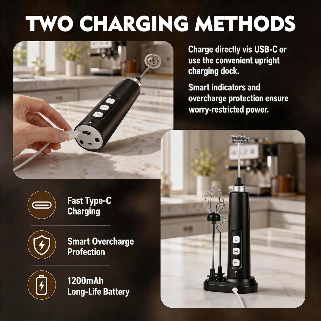 Elektrischer Milchaufschäumer Stab mit Überladeschutz, USB Aufladbar Milchschäumer Elektrisch mit 3
