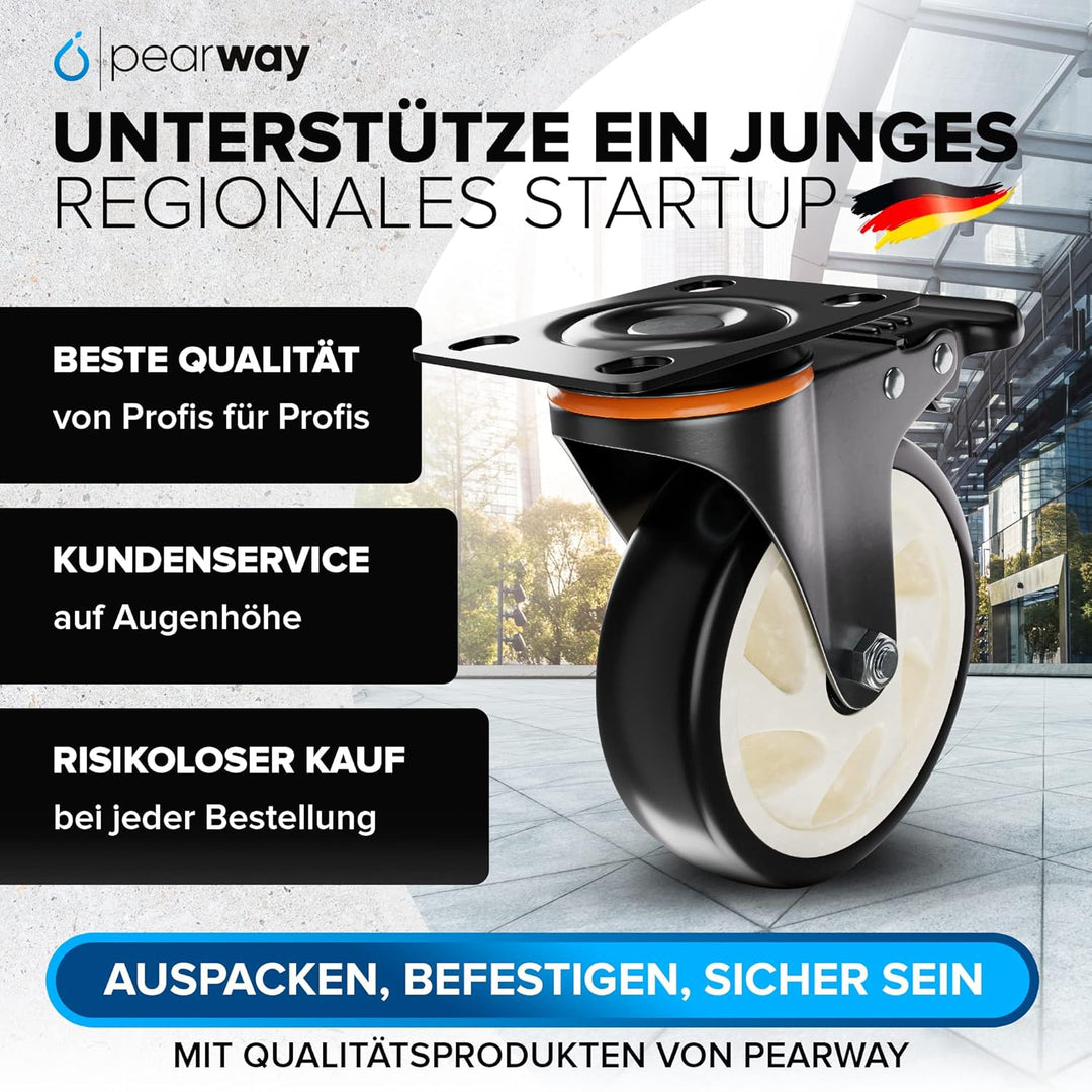 PEARWAY™ Premium Lenkrollen 125mm mit Bremse [4 Stk bis 680kg] inkl. Montagezubehör I Robuste Transp