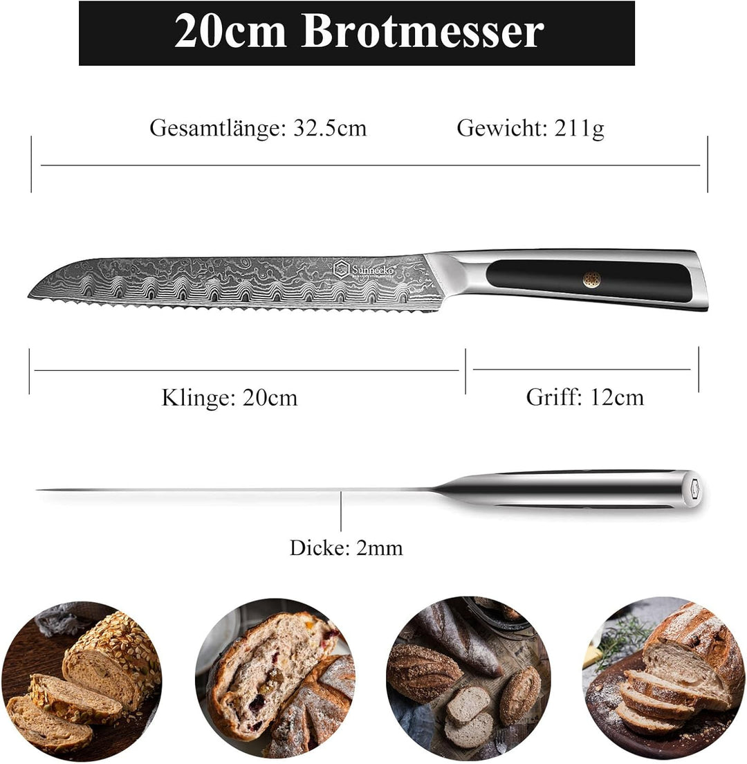 Sunnecko 20cm Brotmesser mit Wellenschliff - Damastmesser mit ergonomischem Griff, Brötchenmesser Br