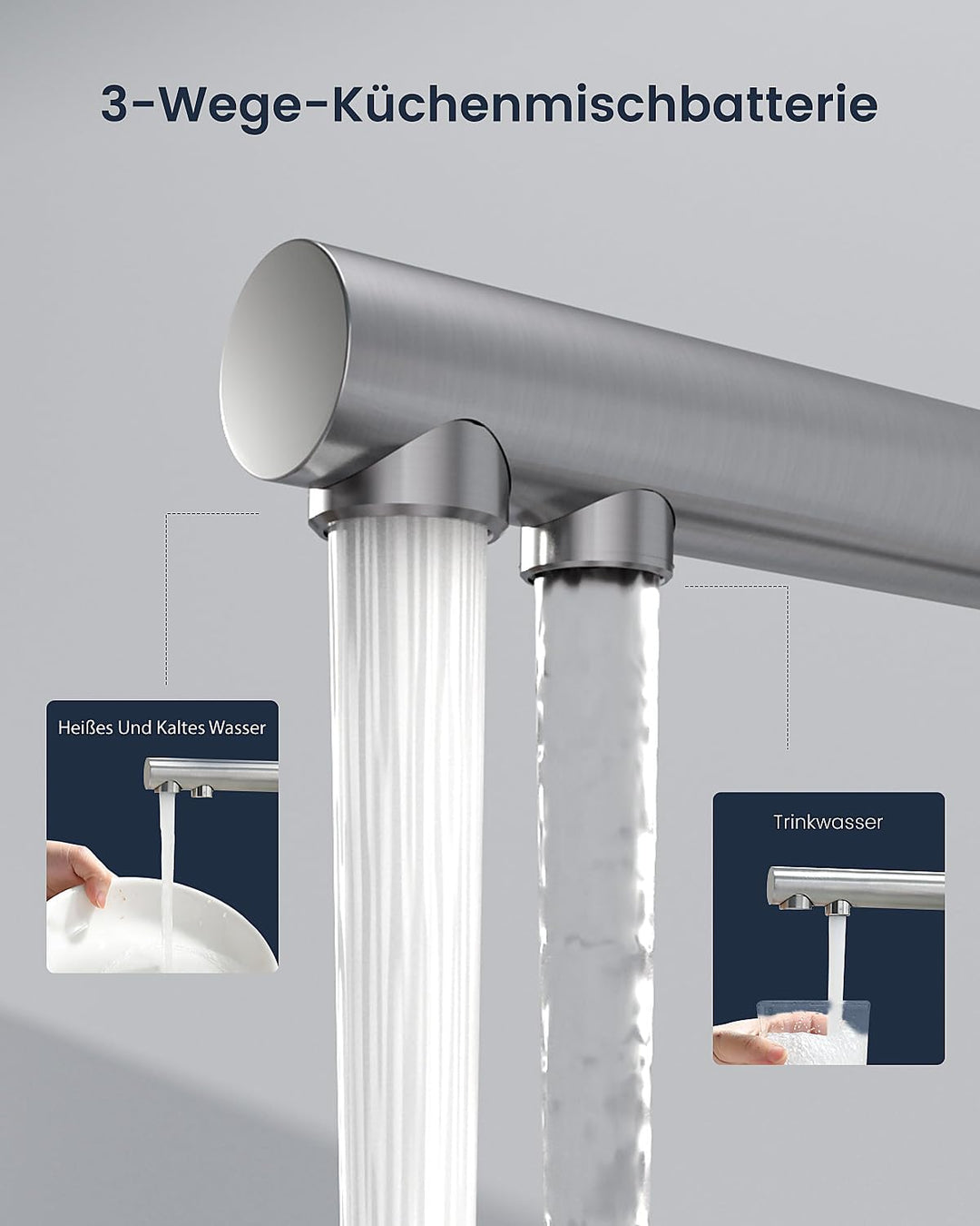 APPASO 3 Wege Wasserhahn Küche, 3 in 1 Mischbatterie Küche für Wasserfilter, 360° Drehbar Armatur Kü