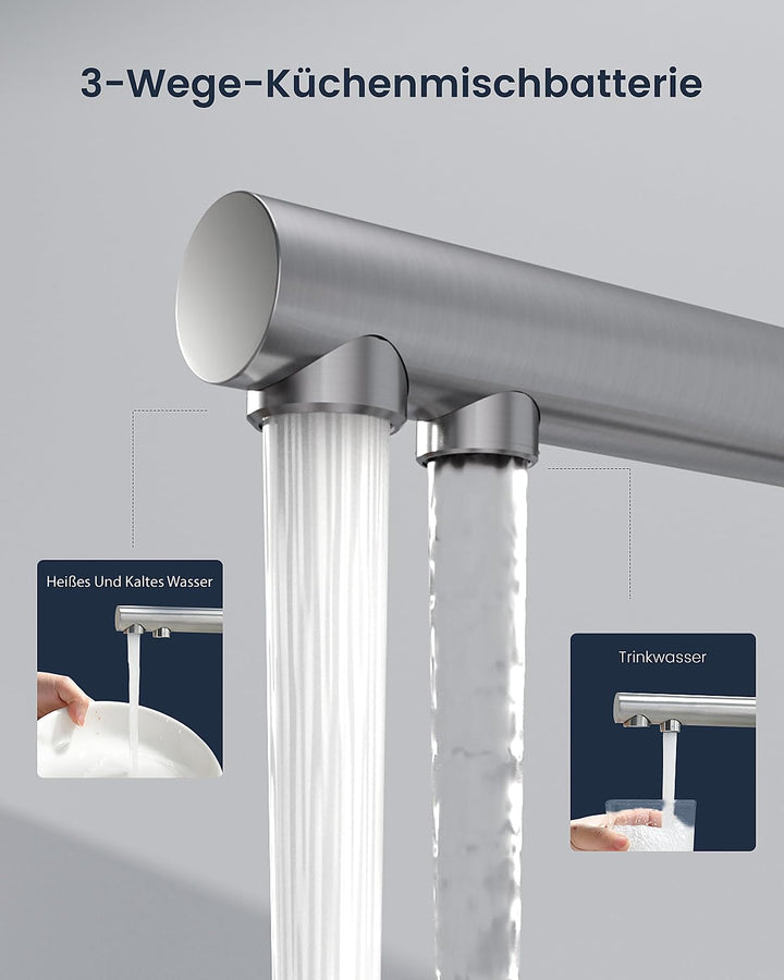 APPASO 3 Wege Wasserhahn Küche, 3 in 1 Mischbatterie Küche für Wasserfilter, 360° Drehbar Armatur Kü