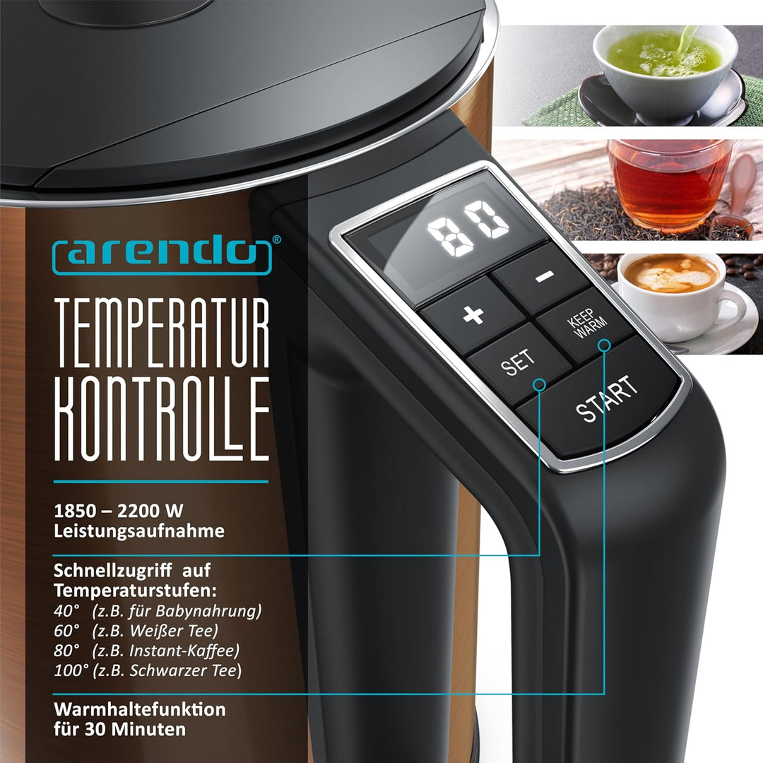 Arendo - Wasserkocher mit Toaster SET Edelstahl Kupfer, Wasserkocher 1,5L, 2000W, 40° 100°C Warmhalt