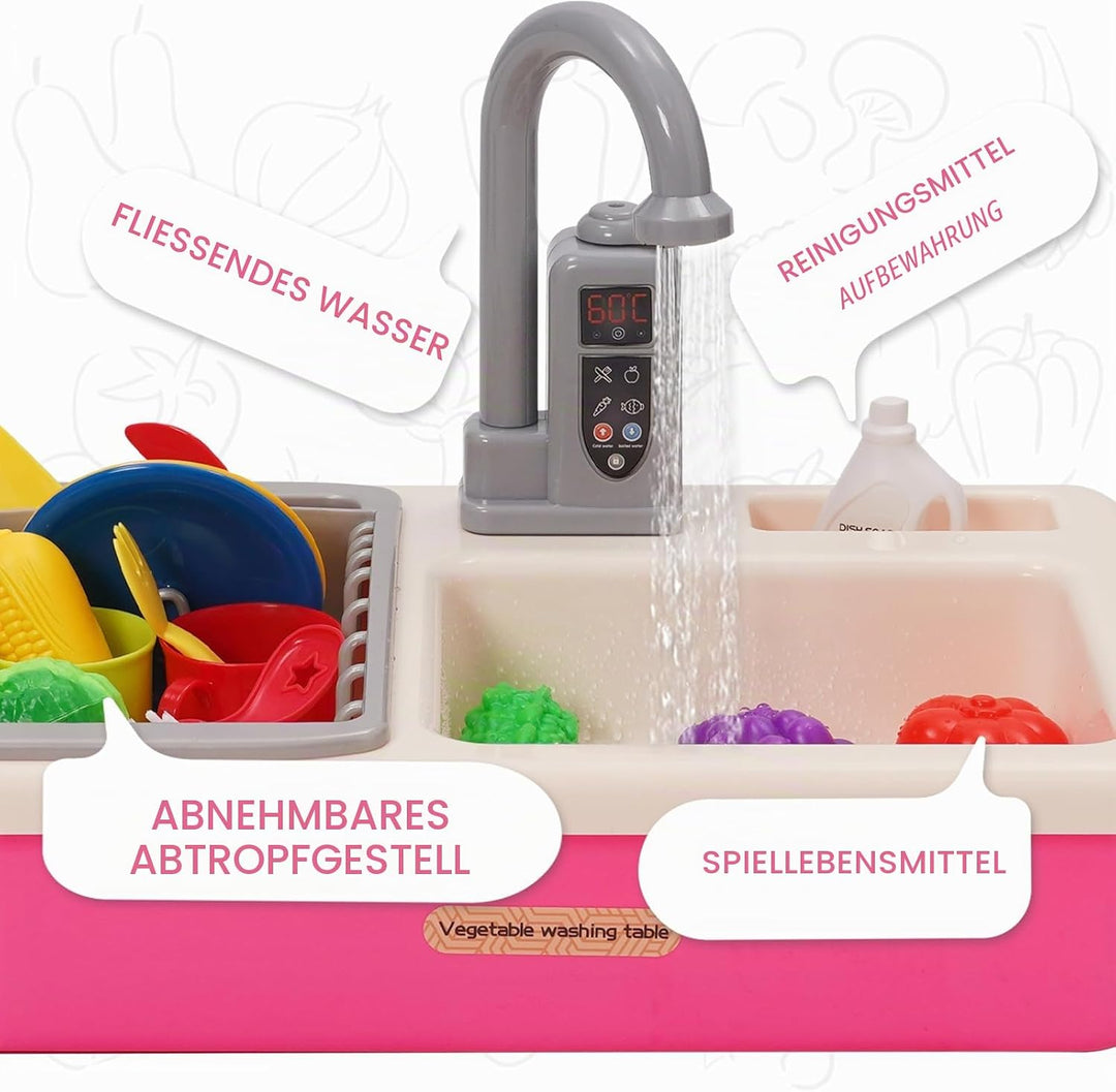 Spielspüle Kinder,Küchenspüle Spielzeug Set mit Wasserkreislauf,Elektrischem Wasserhahn,Rollenspiel-