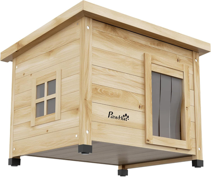 PawHut Katzenhaus aus Holz Winterfest wasserdicht Katzenhütte mit Asphaltdach Fenster Türvorhang Erh