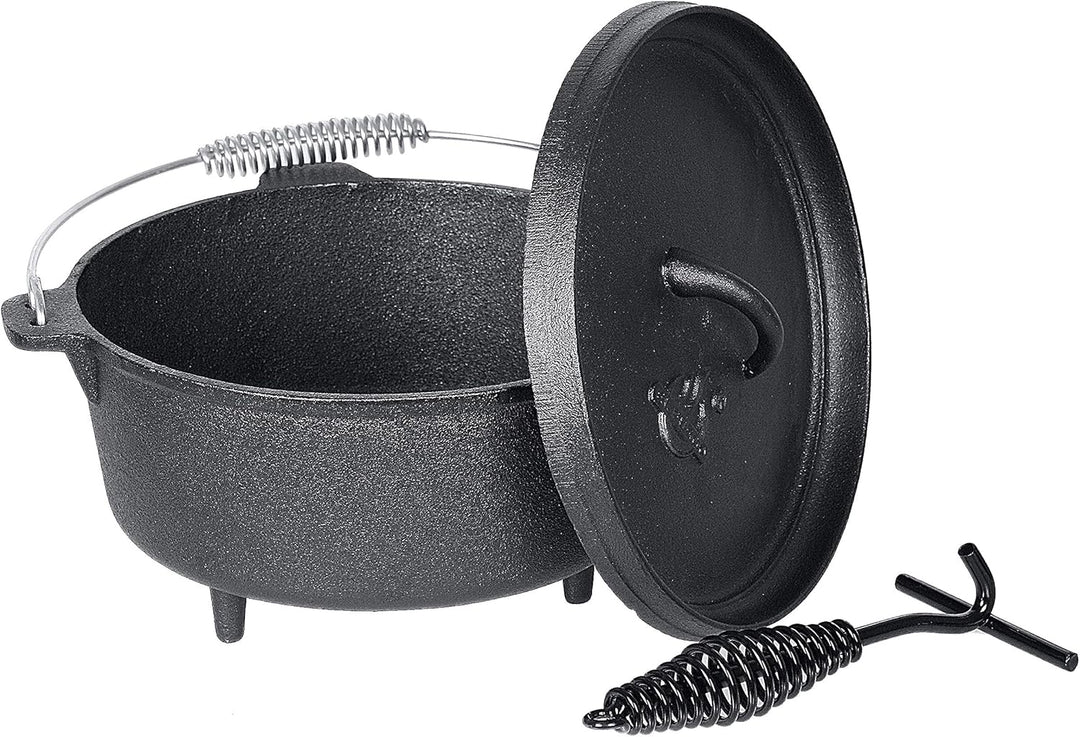 Dutch Oven von EL Fuego® neues Modell, inkl. Deckelheber/Schürhaken, mit Transportbügel, Schmortopf,