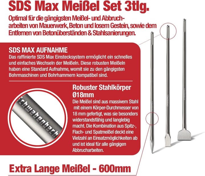 SCHWABENBACH® SDS Max Meissel 600mm Set - 3tlg. 25mm + 50mm + Spitzmeissel - EXTREM ROBUST- Meissel