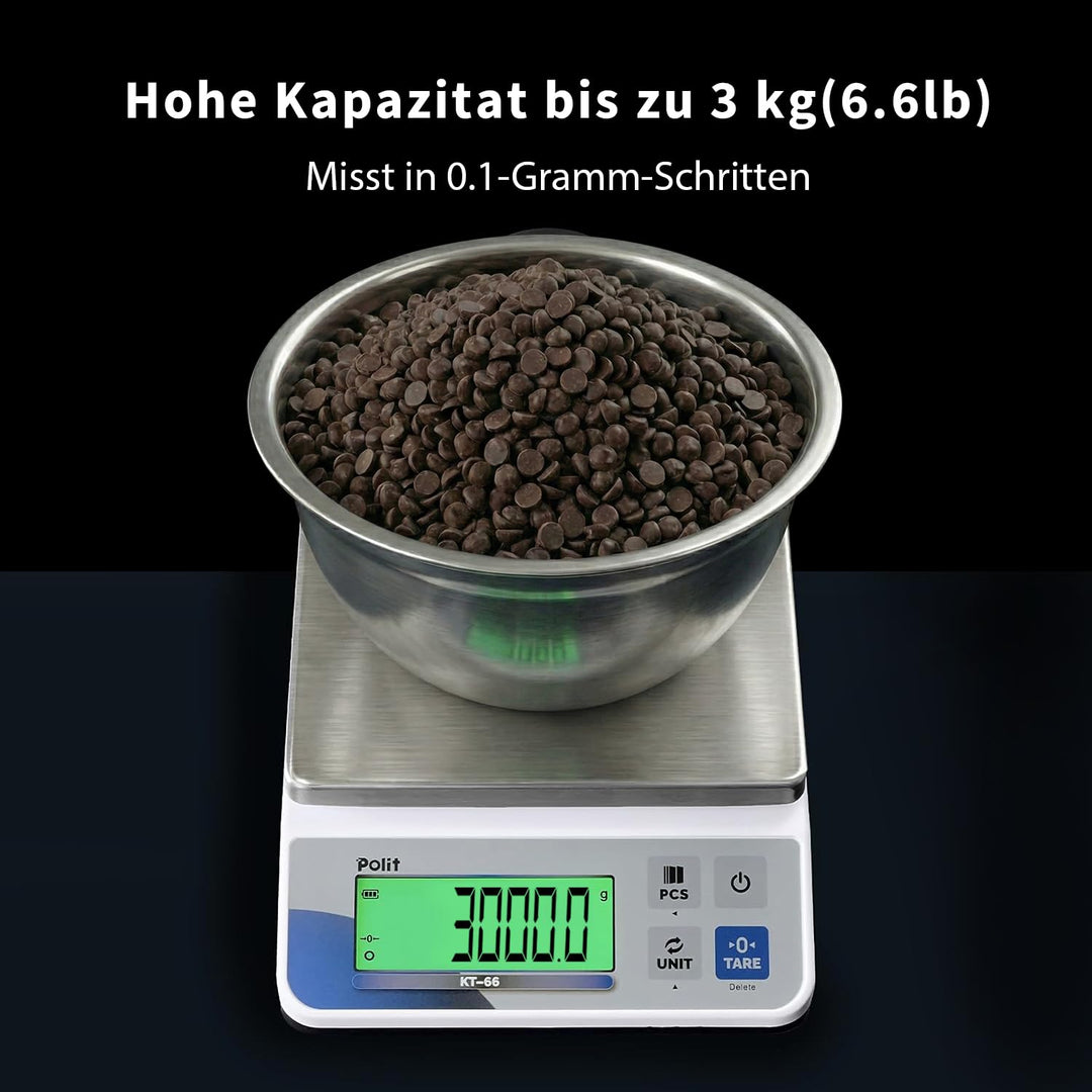 Polit Digitale Küchenwaage KT-66 3kg/6,6lb｜0,005oz/0,1g Präzision｜LCD-Display｜Batterie- oder Netzbet