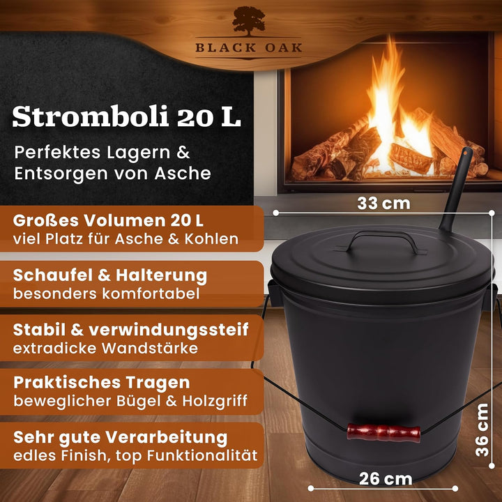 BLACK OAK Ascheeimer Stromboli 20L – schwarz mit Deckel & Schaufel - Bügel schwarz - gross 20 Liter