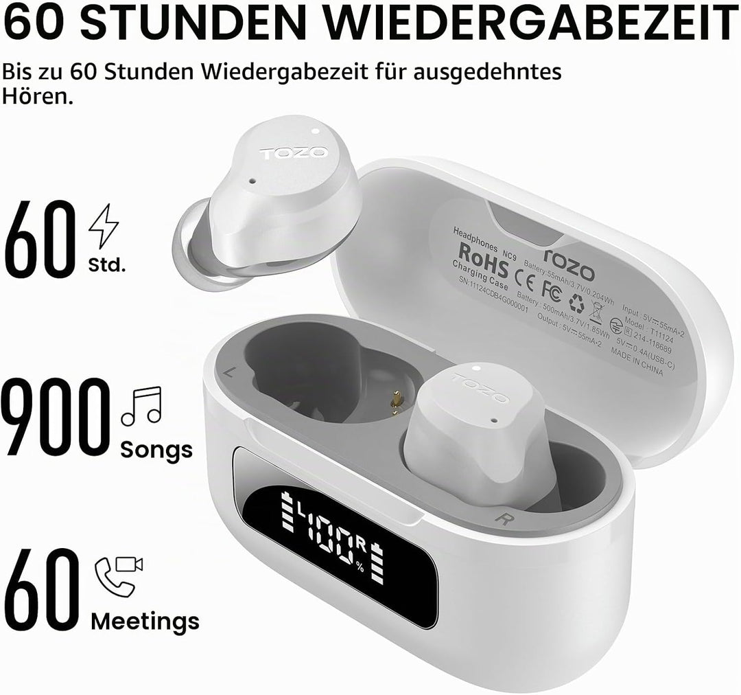TOZO NC9 Bluetooth Kopfhörer In Ear mit Hybrid ANC (45dB), 6 Mikrofone ENC für Homeoffice &amp; Pendeln,