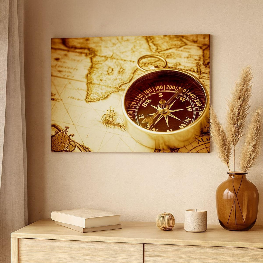 Bilder auf Leinwand 100x70cm Leinwandbild Kompass alt reisen Reise Gross Wanddeko Bild Schlafzimmer