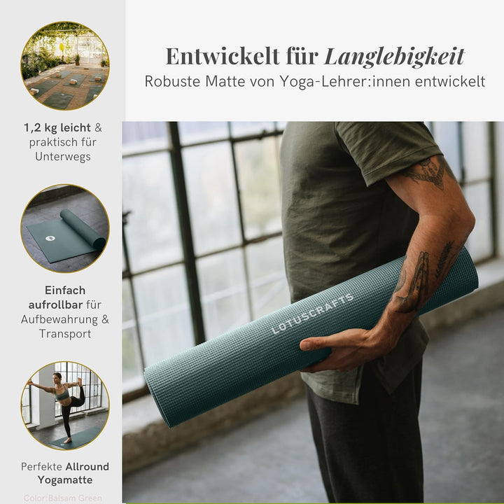 Lotuscrafts® Yoga Matte Rutschfest, 183 x 61 x 0,5 cm, Leichte Fitnessmatte auch als Gymnastikmatte,