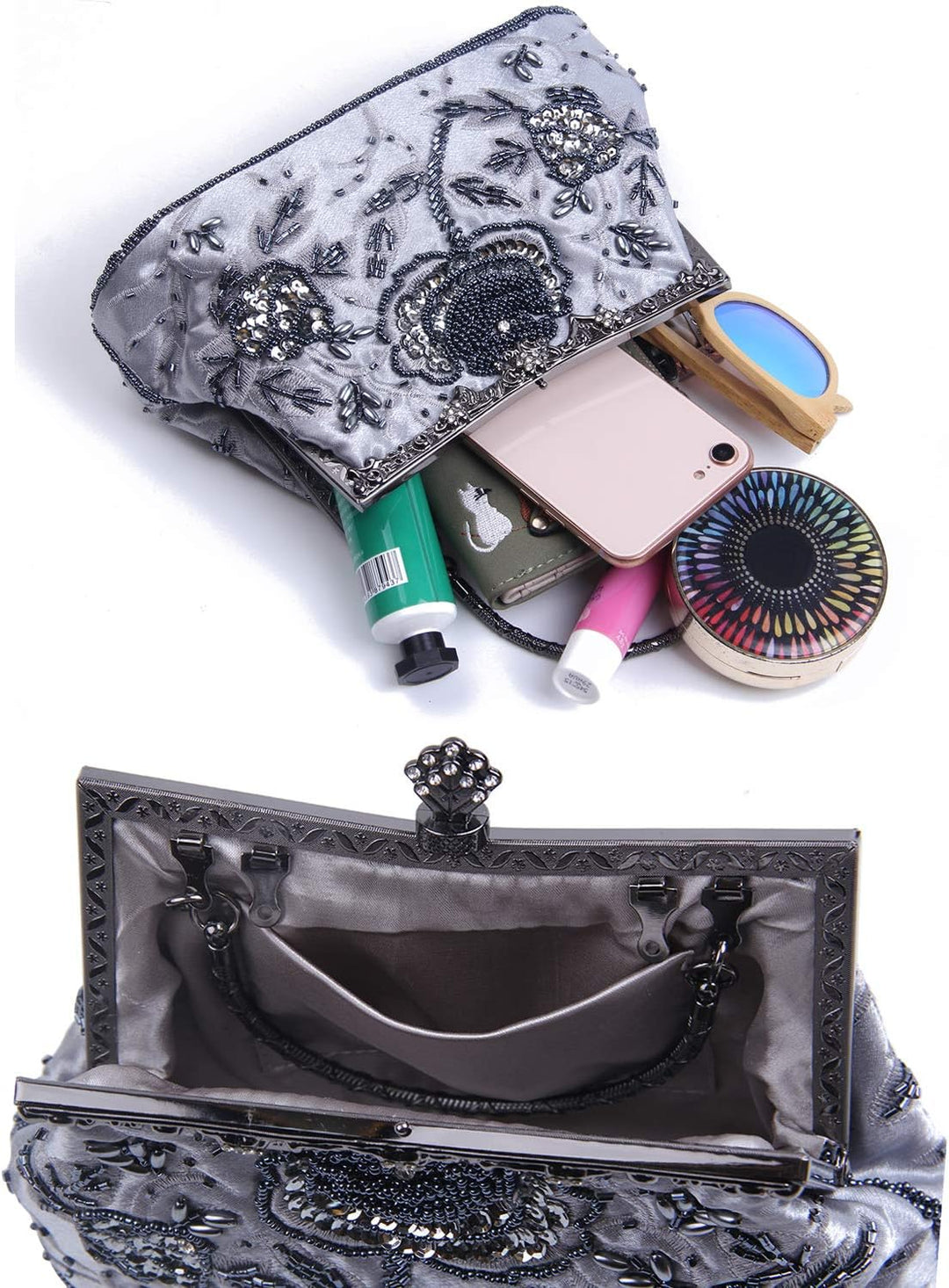 Damen Vintage Floral handgemachte Seed Bead Pailletten Clutch Geldbörse Hochzeit Abendtasche Party P