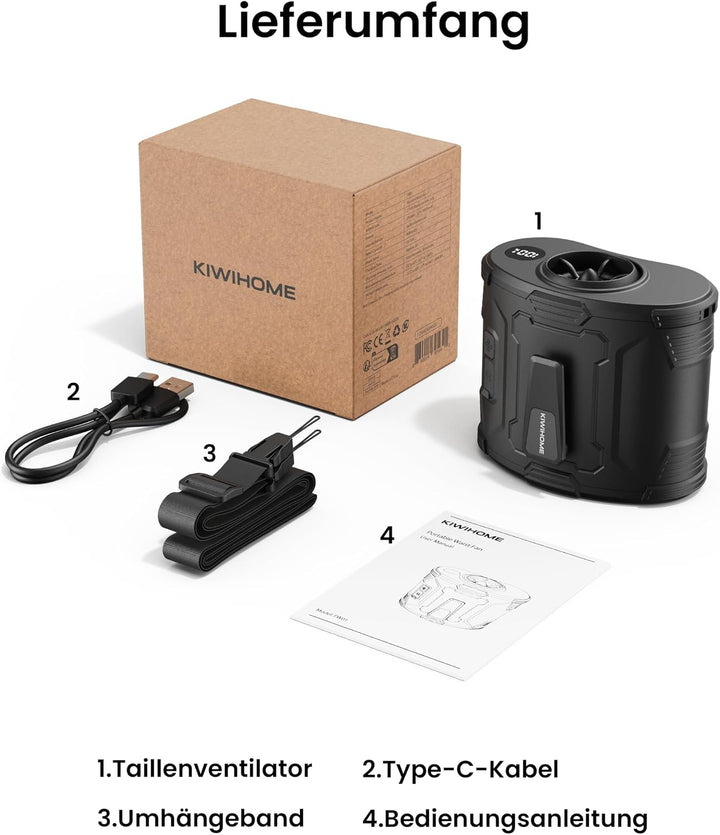KIWIHOME Tragbarer Taillen-Clip-Ventilator, 360° drehbarer Luftstrom mit 10° vertikaler Anpassung, G