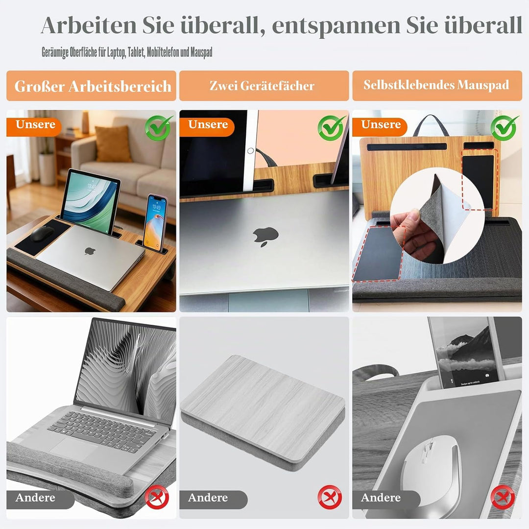 Laptopunterlage 55x34cm für Heim Bett Sofa mit Knietablett mit Kissen,Handgelenkauflage Handyhalter,