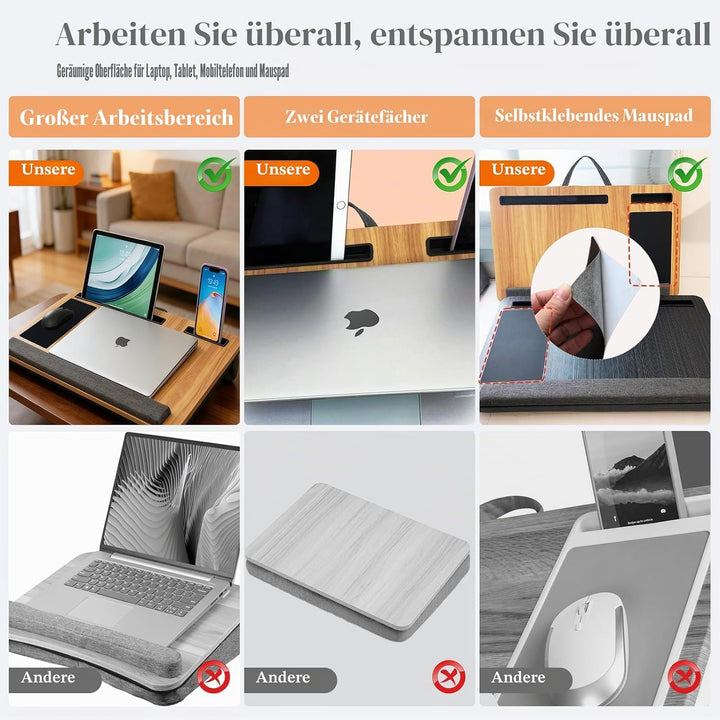 Laptopunterlage 55x34cm für Heim Bett Sofa mit Knietablett mit Kissen,Handgelenkauflage Handyhalter,