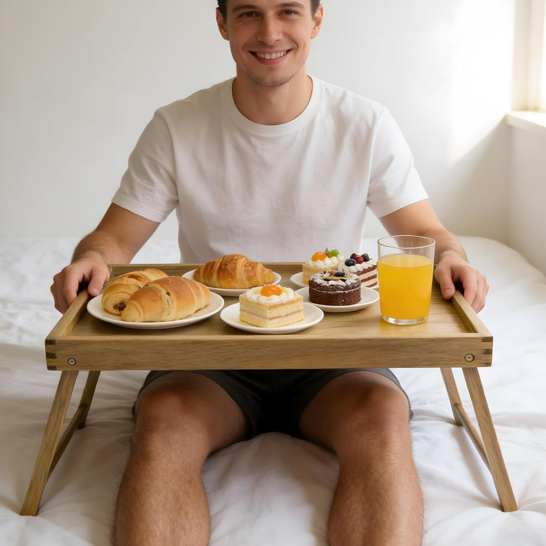VaeFae Akazie Gross Bett Tabletttisch, Betttablett Klappbar aus Holz, Frühstückstablett als Esstisch