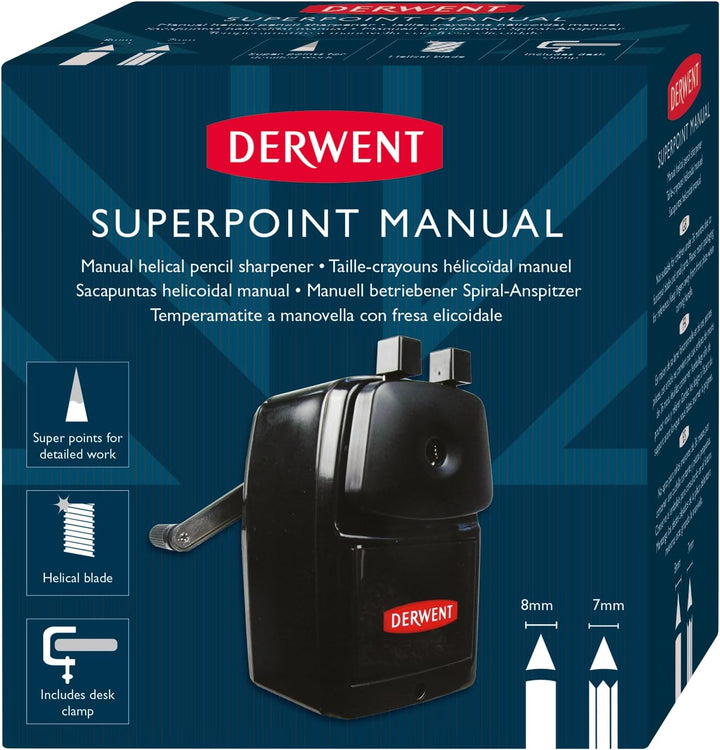 Derwent Manueller Schreibtisch-Spitzer, Super Point, mit Auffangbehälter & Tischklemme, Professionel