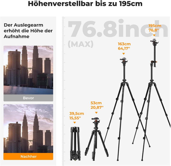 K&F Concept K234A0 Kamera Stativ mit Auslegearm,163cm Handy Stativ, Tripod für unterwegs, Stativ für