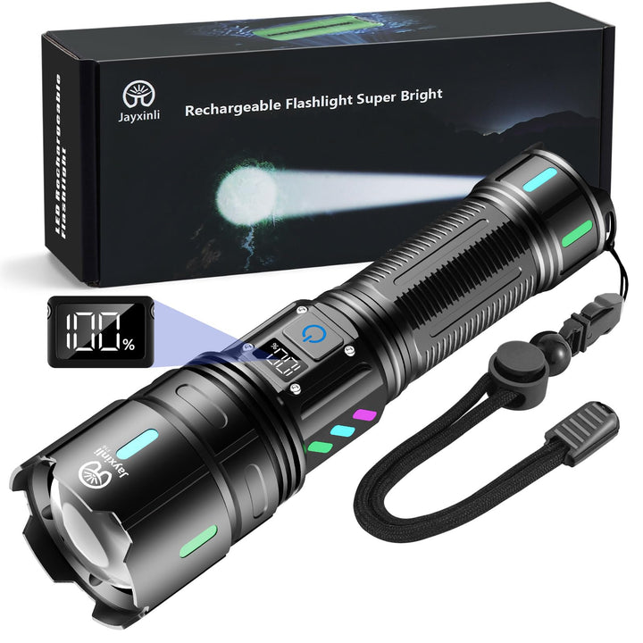 Jayxinli Taschenlampe LED Aufladbar 500000 Lumen, Extrem Hell, Starke, 5 Lichtmodi, Zoombar Mehrfarb