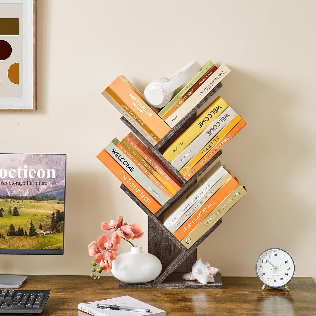 Hoctieon Bücherregal Baumform, Standregal mit 4 Ebenen, Bookshelf Bookcase Holz Eckregal Stehend für