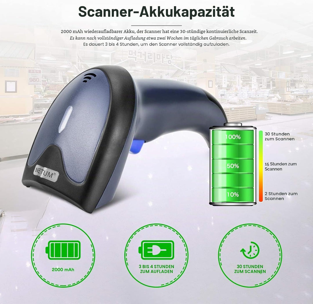 NETUM Bluetooth 2D Barcode-Scanner 3-in-1 (2,4G Wireless & Bluetooth & USB verkabelt) Barcodeleser S