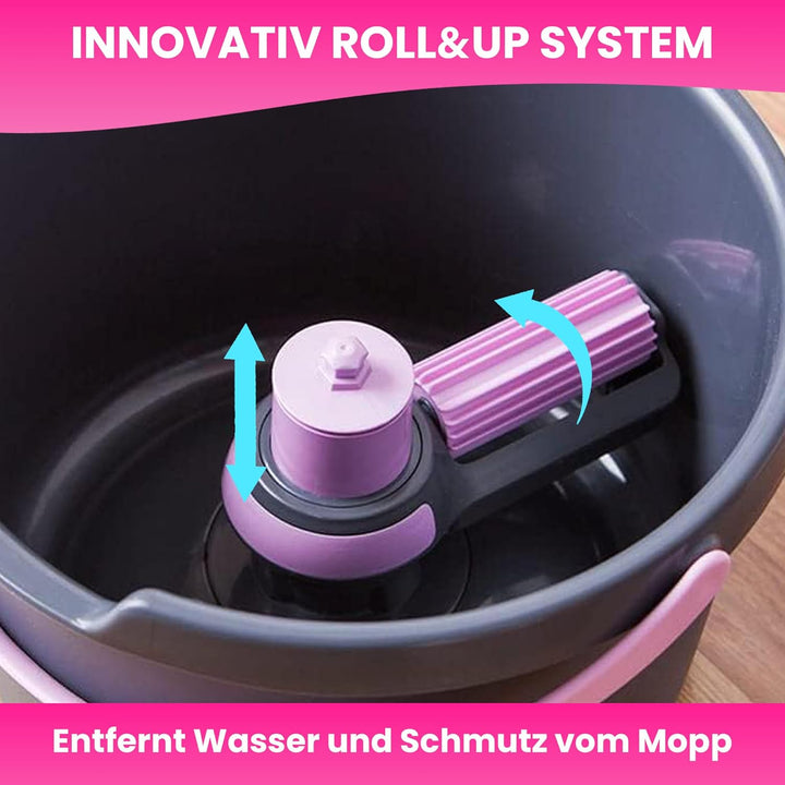 YORK ROLL&UP Wischmopp mit Eimer Teleskopstiel Innovative Auswringfunktion Klappplatte Wischbezug Mi