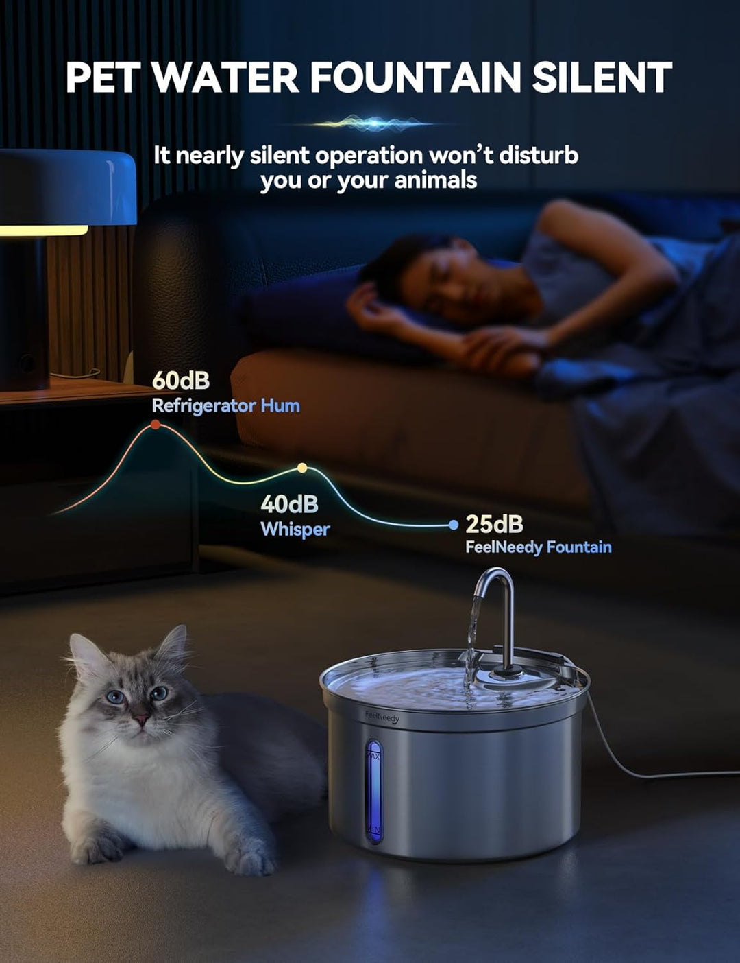 FEELNEEDY Katzenbrunnen Edelstahl 3,5L Trinkbrunnen Für Katze Mit 6 Filters und USB Ladegerät, Wasse