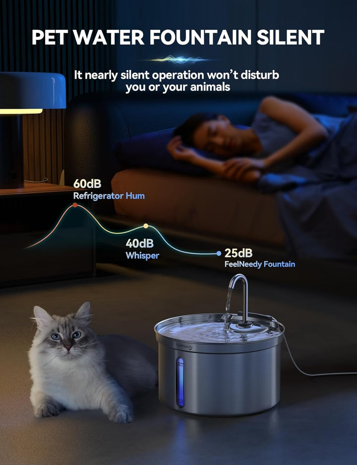 FEELNEEDY Katzenbrunnen Edelstahl 3,5L Trinkbrunnen Für Katze Mit 6 Filters und USB Ladegerät, Wasse