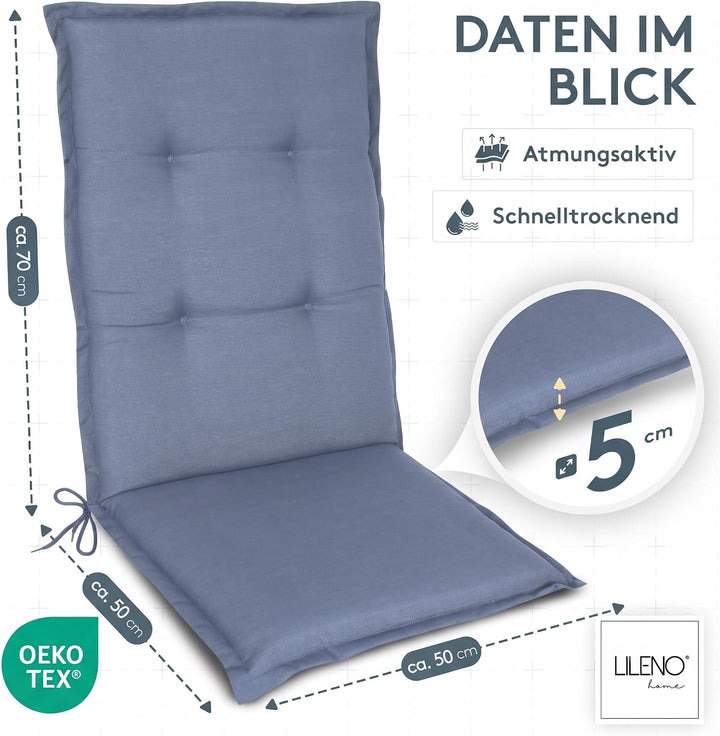 LILENO HOME Gartenstuhl Auflagen als [2er Set - Hochlehner] in Jeans Neu - Bequeme Liegen als Sitzau