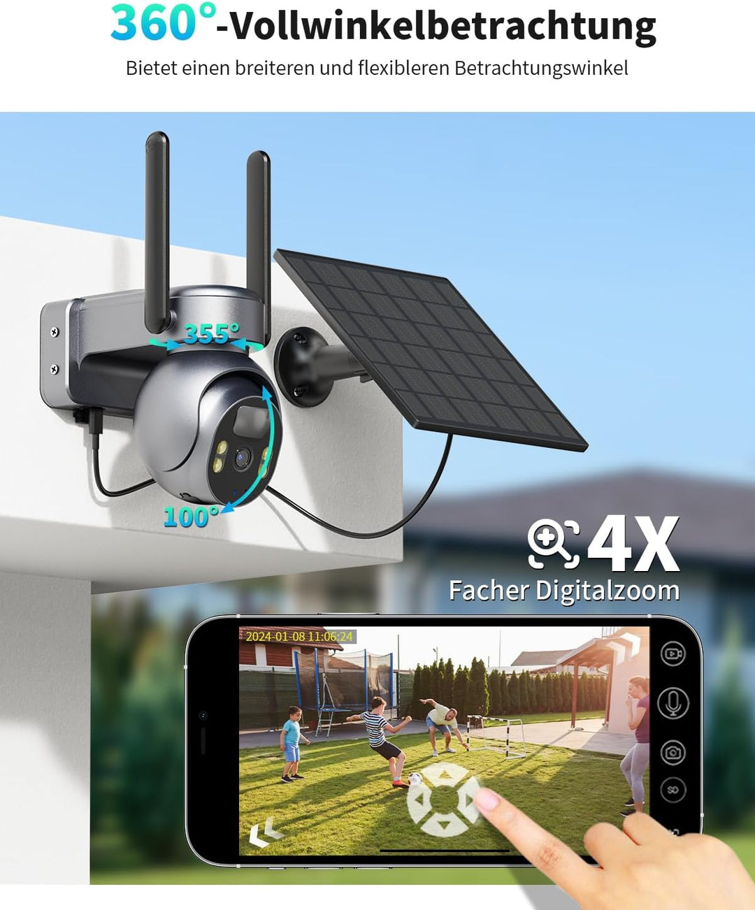 SEHMUA 4G LTE Überwachungskamera Aussen Solar mit SIM Karte - 2K HD PTZ Kabellos Kamera Ohne WLAN Ou