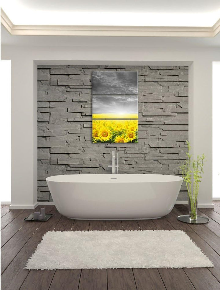 Pixxprint Sonnenblumenfeld bei Sonnenuntergang schwarz/weiss 3-Teiler Leinwandbild 120x80 Bild auf L