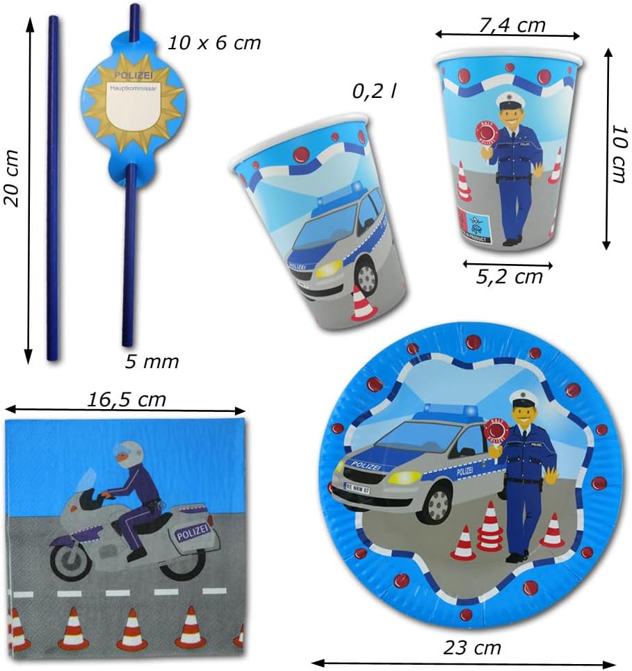 Polizei Deko Kindergeburtstag Party Set XL - Partydeko & Partygeschirr für 8 Polizeikinder Kindergeb