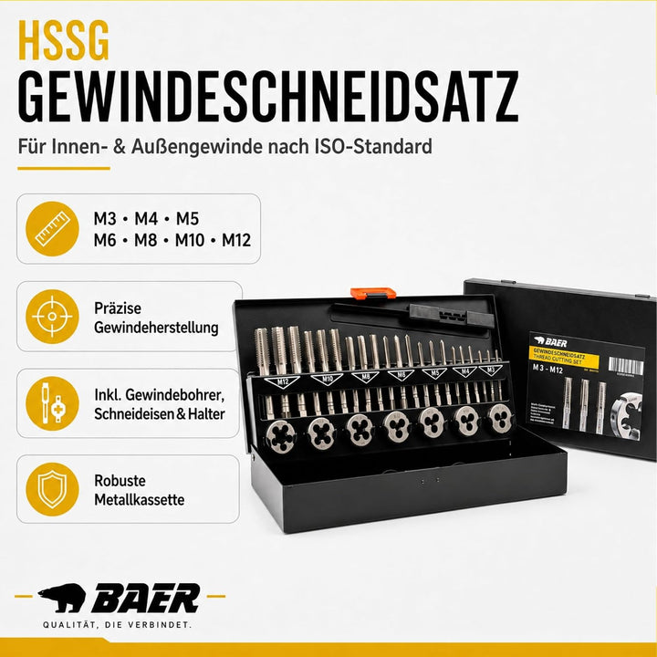 BAER Gewindeschneider Set HSS M3 - M12 - Gewindebohrer - Innengewinde + Aussengewinde - Gewindeschne