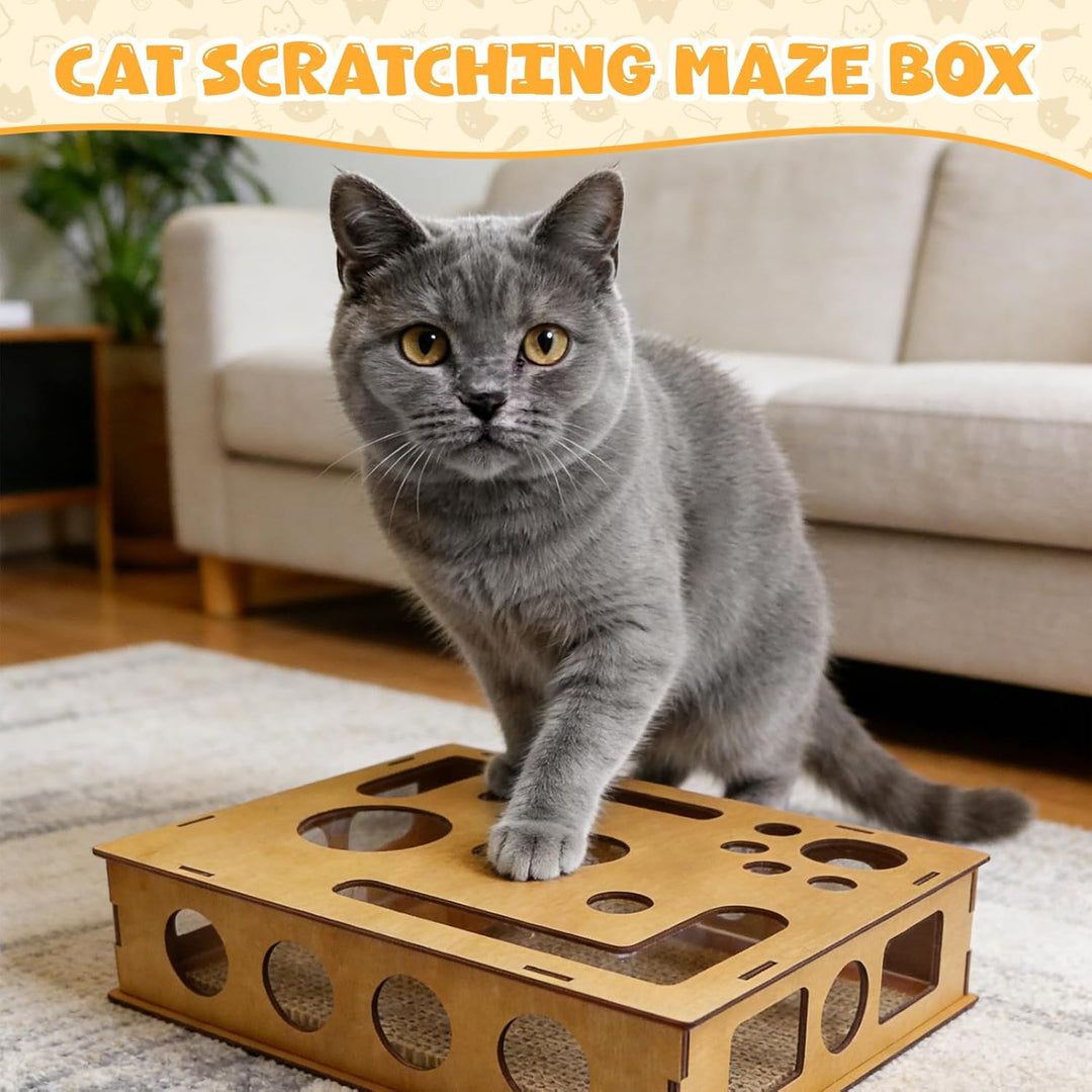 Beschäftigungsbox Krallenfeile Katzen, Kratzpuzzle Spielbox Holz, Katzen Krallenpflege Spielzeug, Kä