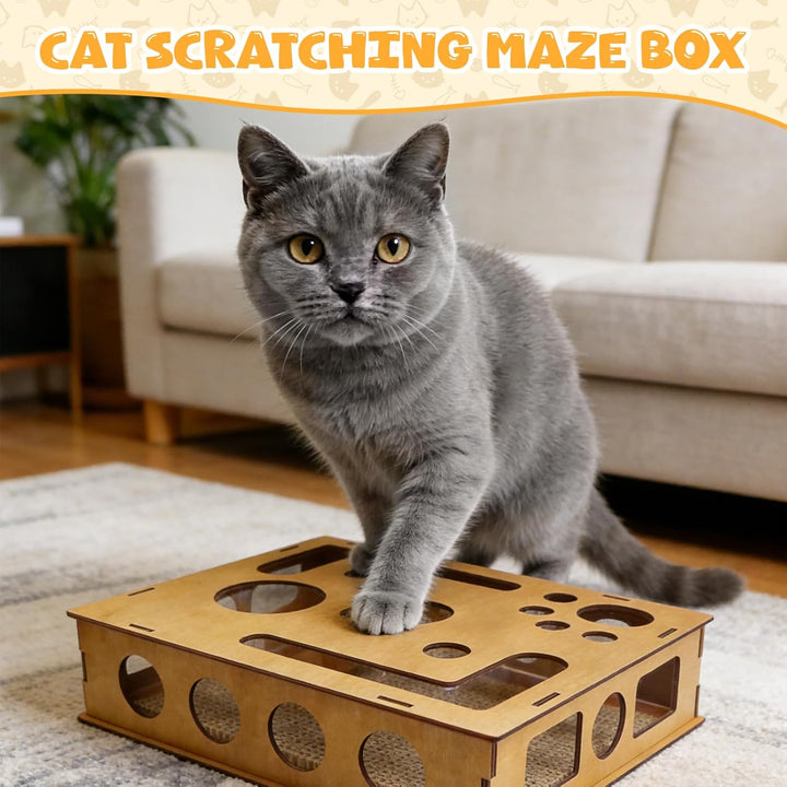 Beschäftigungsbox Krallenfeile Katzen, Kratzpuzzle Spielbox Holz, Katzen Krallenpflege Spielzeug, Kä