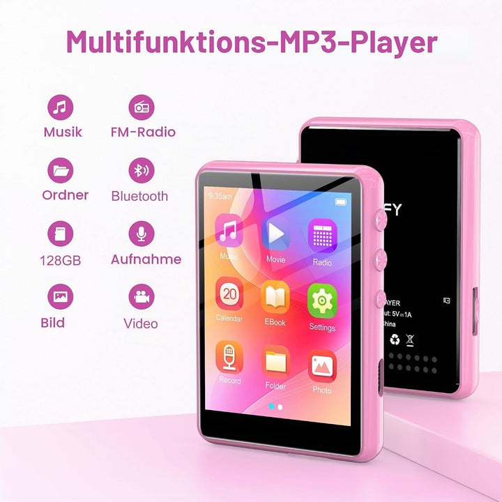 SWOFY 128GB MP3-Player mit Bluetooth 5.3-2,4-Zoll Touchscreen, HiFi-Klang, integrierter Lautsprecher