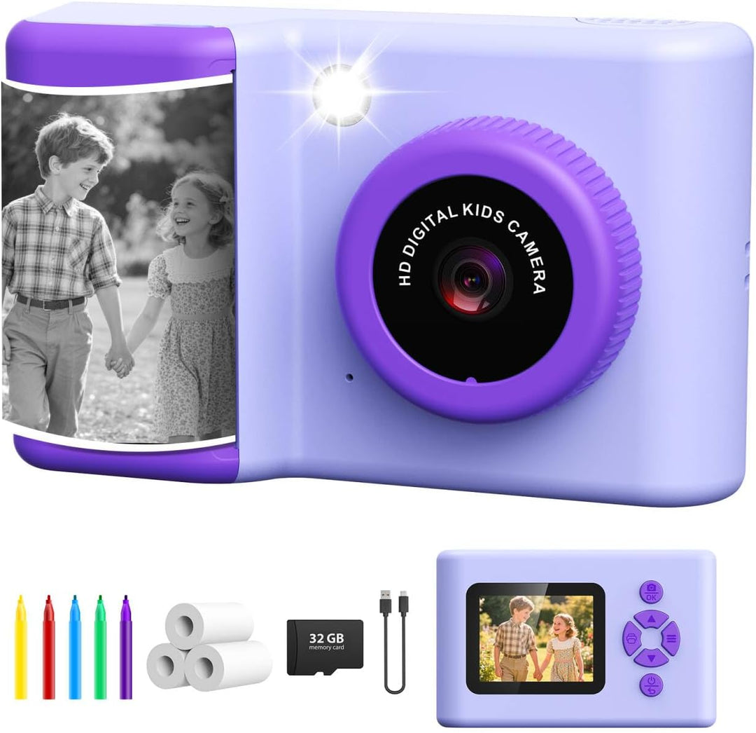 Sofortbildkamera Kinder, 2,4 Zoll Kinderkamera Sofortbildkamera mit LED-Blitz 32GB-Karte Druckpapier