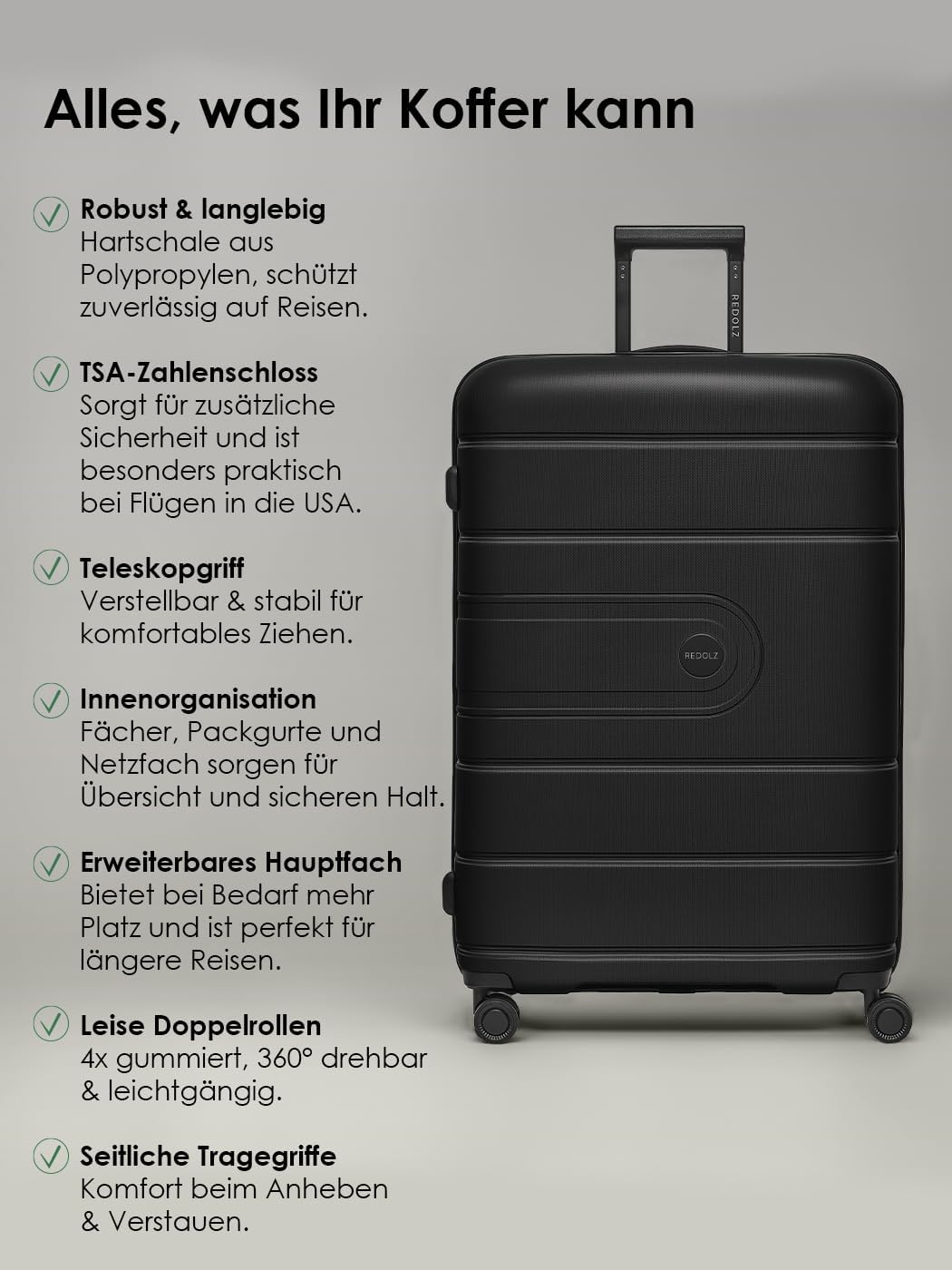 REDOLZ Hartschalen Check-in Koffer | Grosser XL Trolley 51 x 32 x 76 cm mit Dehnfalte aus hochwertig