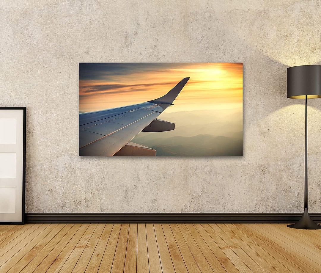 islandburner Bild auf Leinwand Flugzeugflügel Sonnenuntergang Über Den Wolken Bilder Wandbilder Post