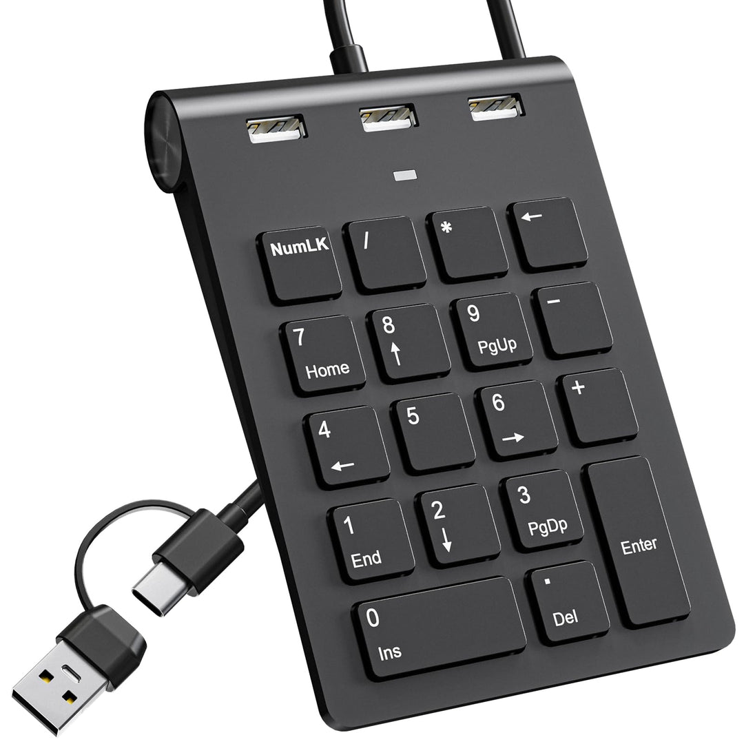 USB C & USBA Numpad Wired – Nummernblock mit 3 USB 2.0 Hub, 18-Tasten Ziffernblock für Laptop/Deskto