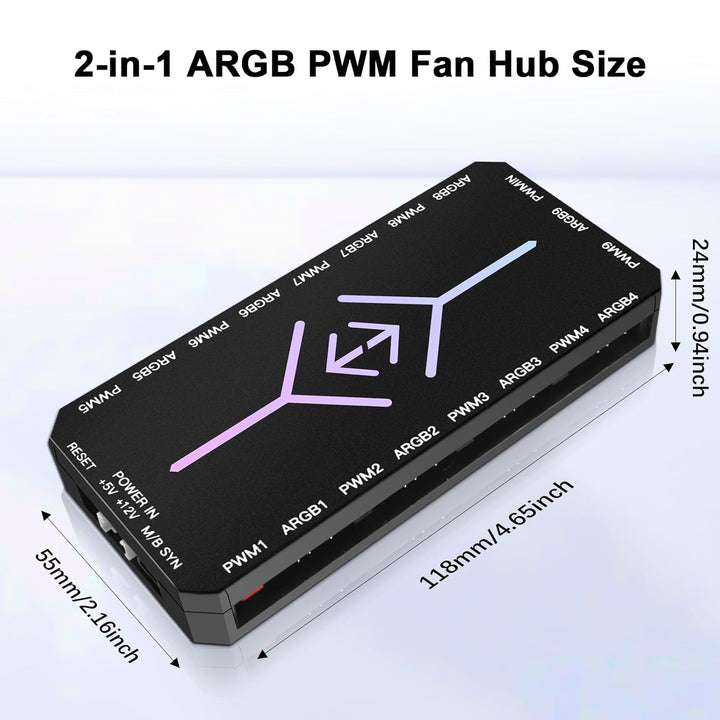 2-in-1 ARGB PWM Fan Hub mit Controller AYWHP 9 x 4Pin PWM Fan 5V 3Pin ARGB Ports Anschlüsse Kabellos